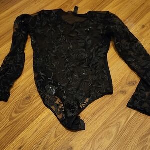 Black Lace Sequin Long Sleeve Bodysuit